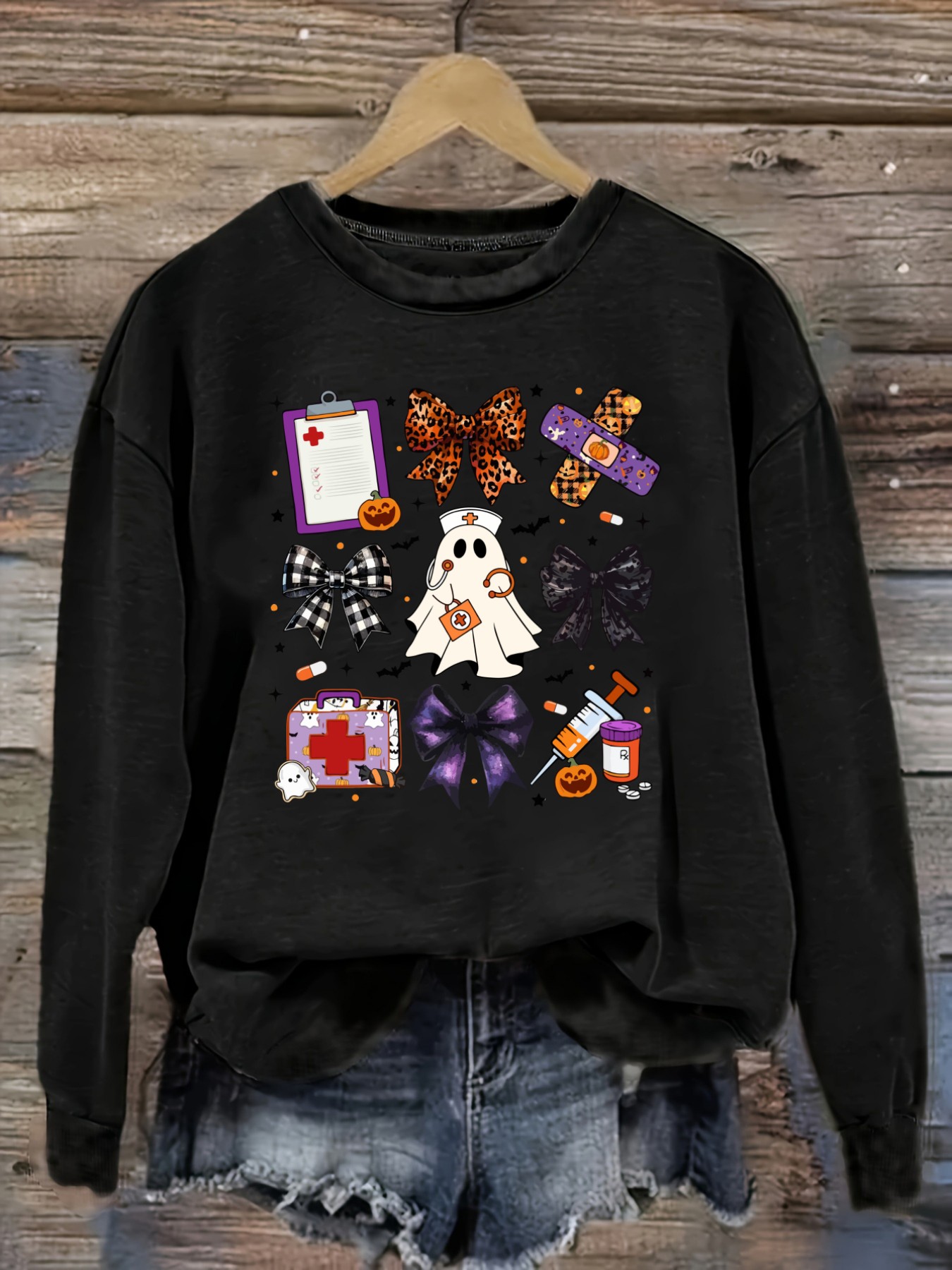 Costumes - レディースカジュアル長袖クルーネックTシャツ、ハロウィンナースゴーストボウプリントデザイン、ラウンドネック婦人服、洗濯機で洗える、やや伸縮性あり、ゆったりフィット、春秋冬レディースTシャツ、ハロウィンコスチューム衣装