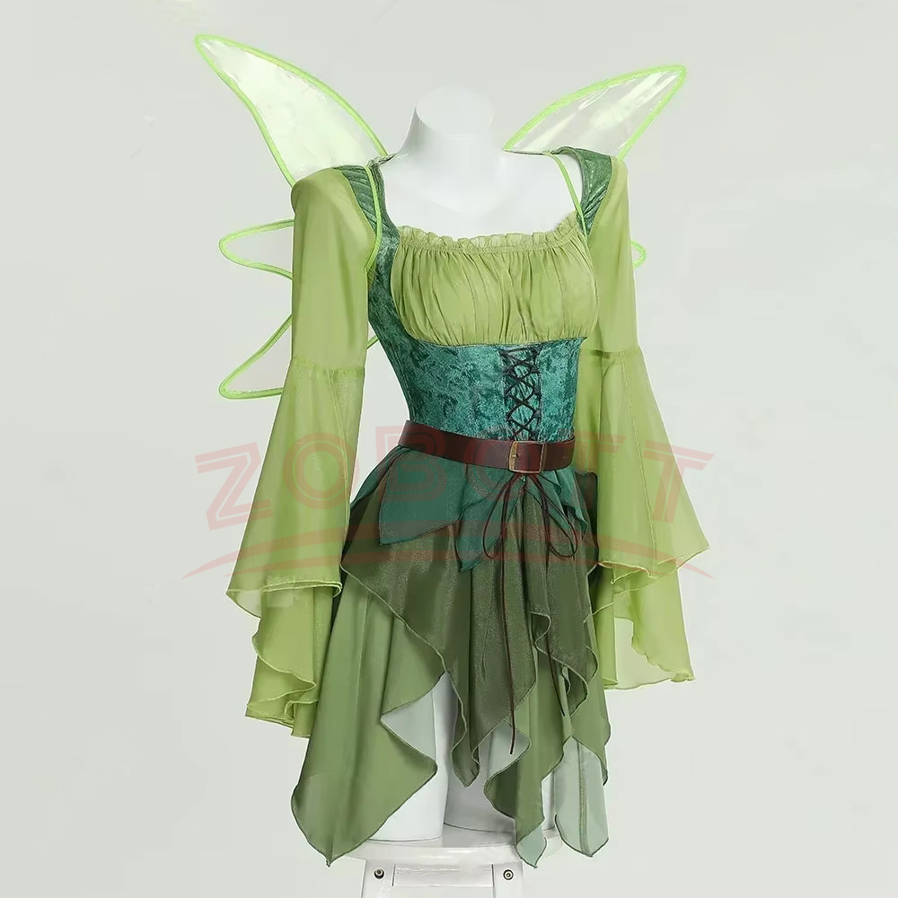 Medieval Renaissance Dress Women - 女性用エルフ中世グリーンフェアリードレス魔法のエルフドレスと羽付きベルトハロウィンコスプレ衣装エルフロールプレイングコスチューム
