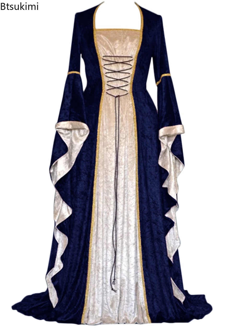 Medieval Renaissance Dress Women - 女性のルネッサンス中世レトロ宮廷衣装ドレス、レースアップロングドレス、ハロウィンコスプレ衣装、レトロエレガントガウン