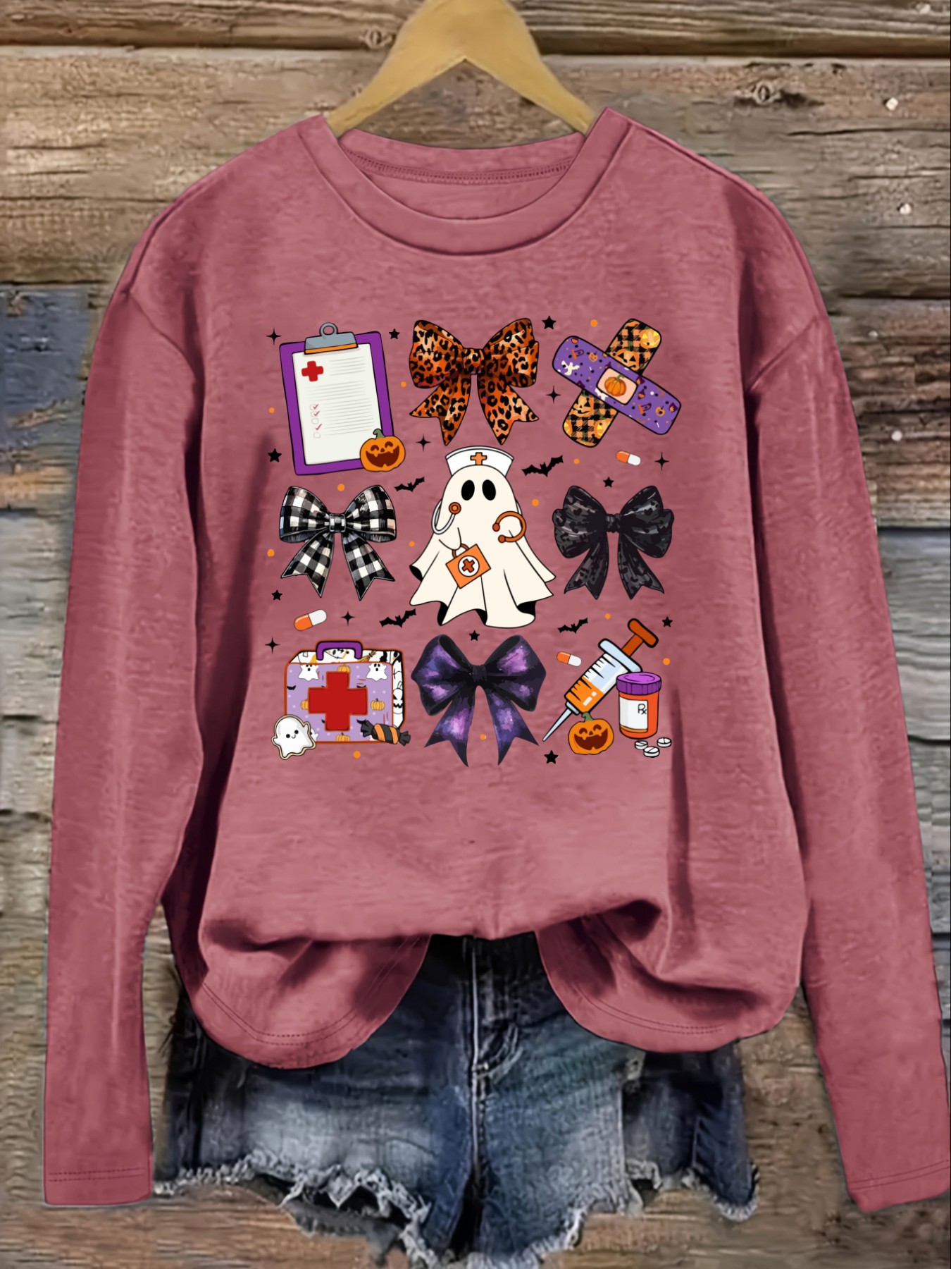 レディースカジュアル長袖クルーネックTシャツ、ハロウィンナー - Costumes のレビューと価格