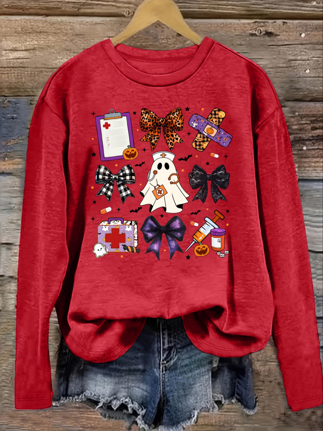 レディースカジュアル長袖クルーネックTシャツ、ハロウィンナー - Costumes のレビューと価格