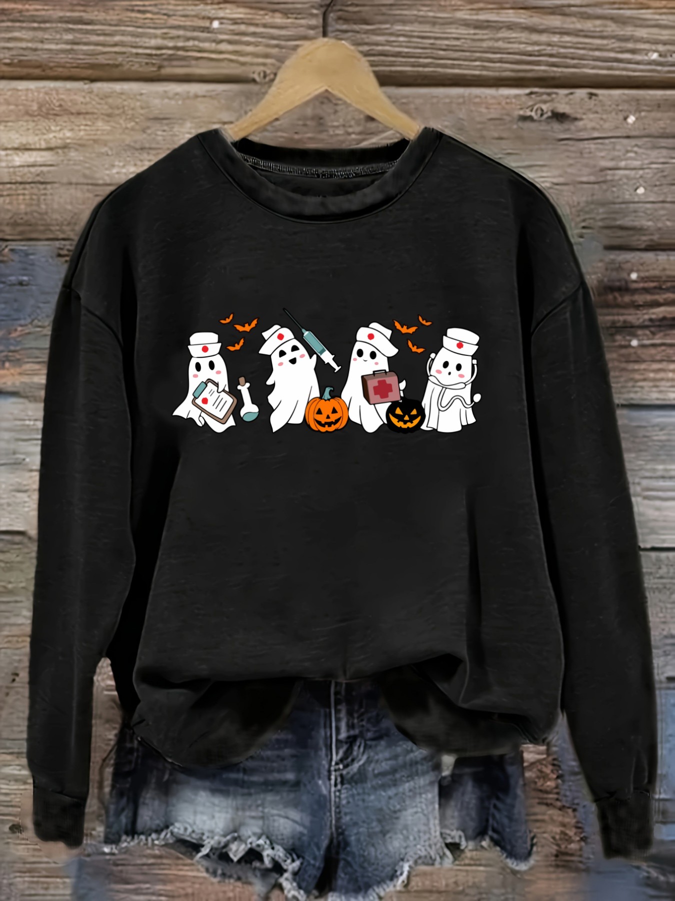 レディースカジュアル長袖クルーネックTシャツ、かわいいゴース - Costumes のレビューと価格