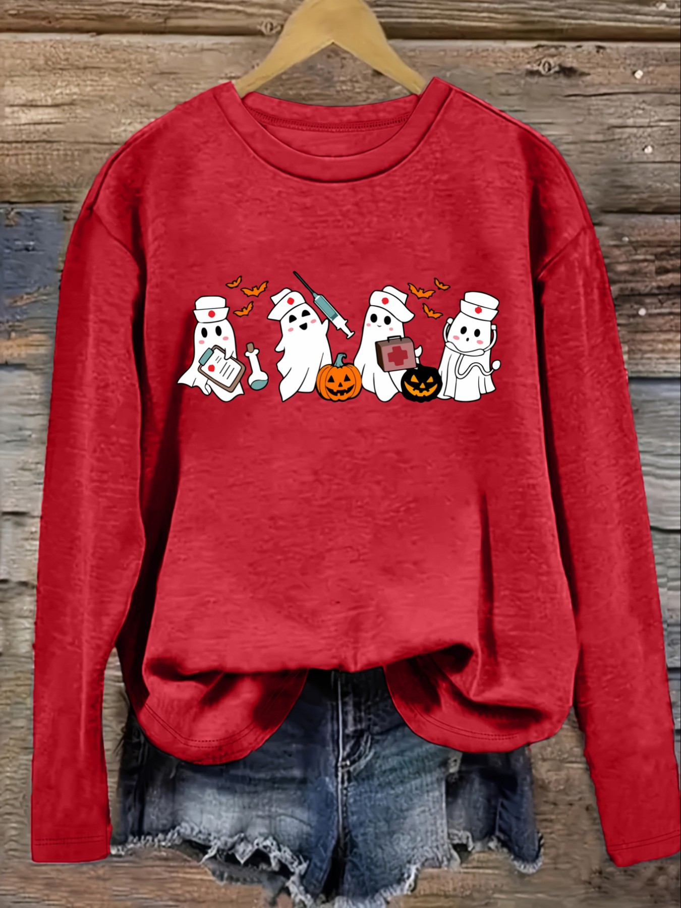 レディースカジュアル長袖クルーネックTシャツ、かわいいゴース - Costumes のレビューと価格