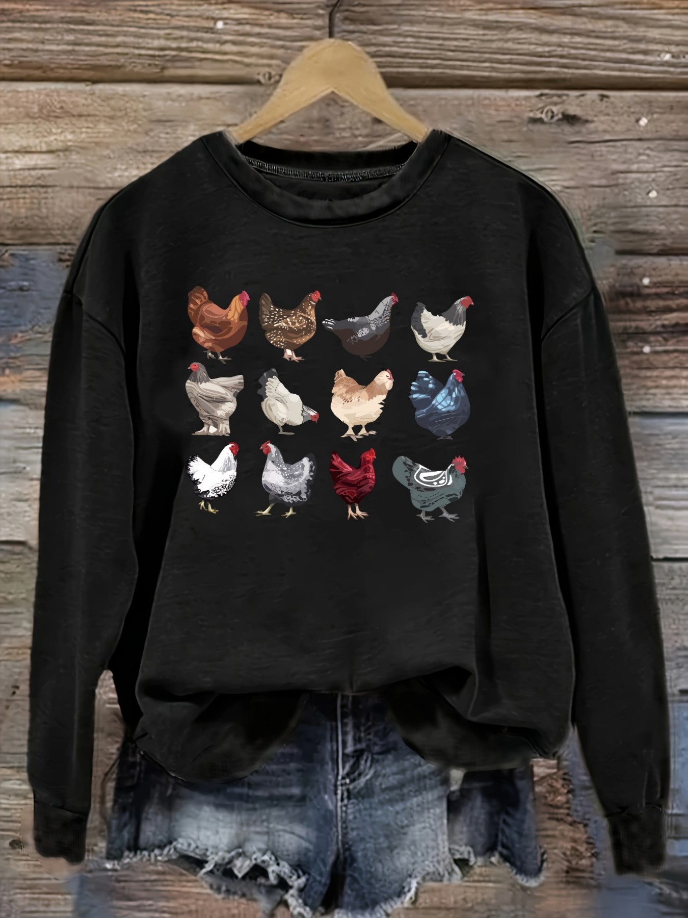 レディースカジュアル長袖クルーネックTシャツ、カラフルな鶏の - Costumes のレビューと価格