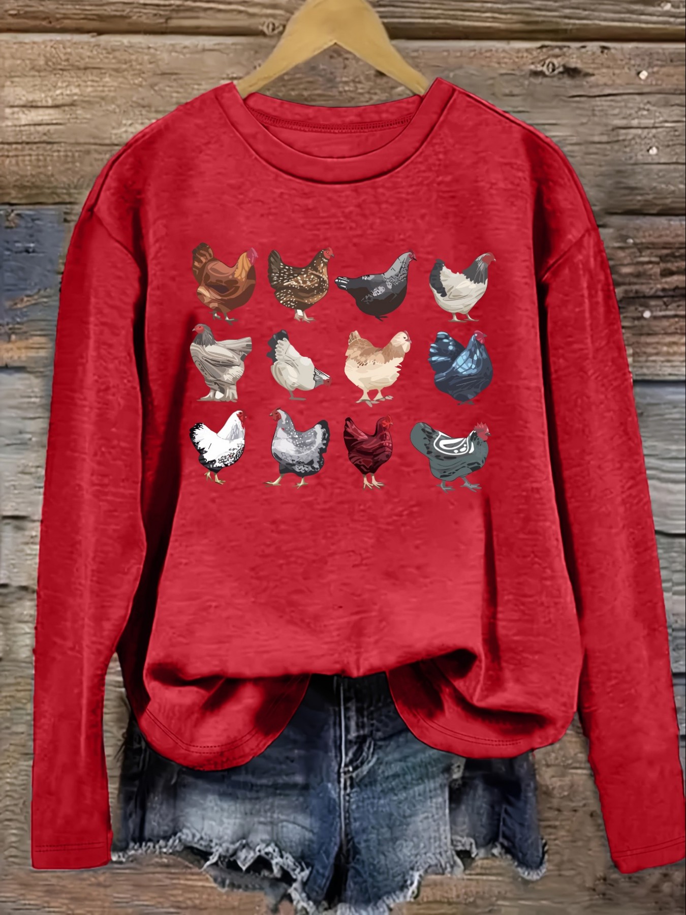 レディースカジュアル長袖クルーネックTシャツ、カラフルな鶏の - Costumes のレビューと価格