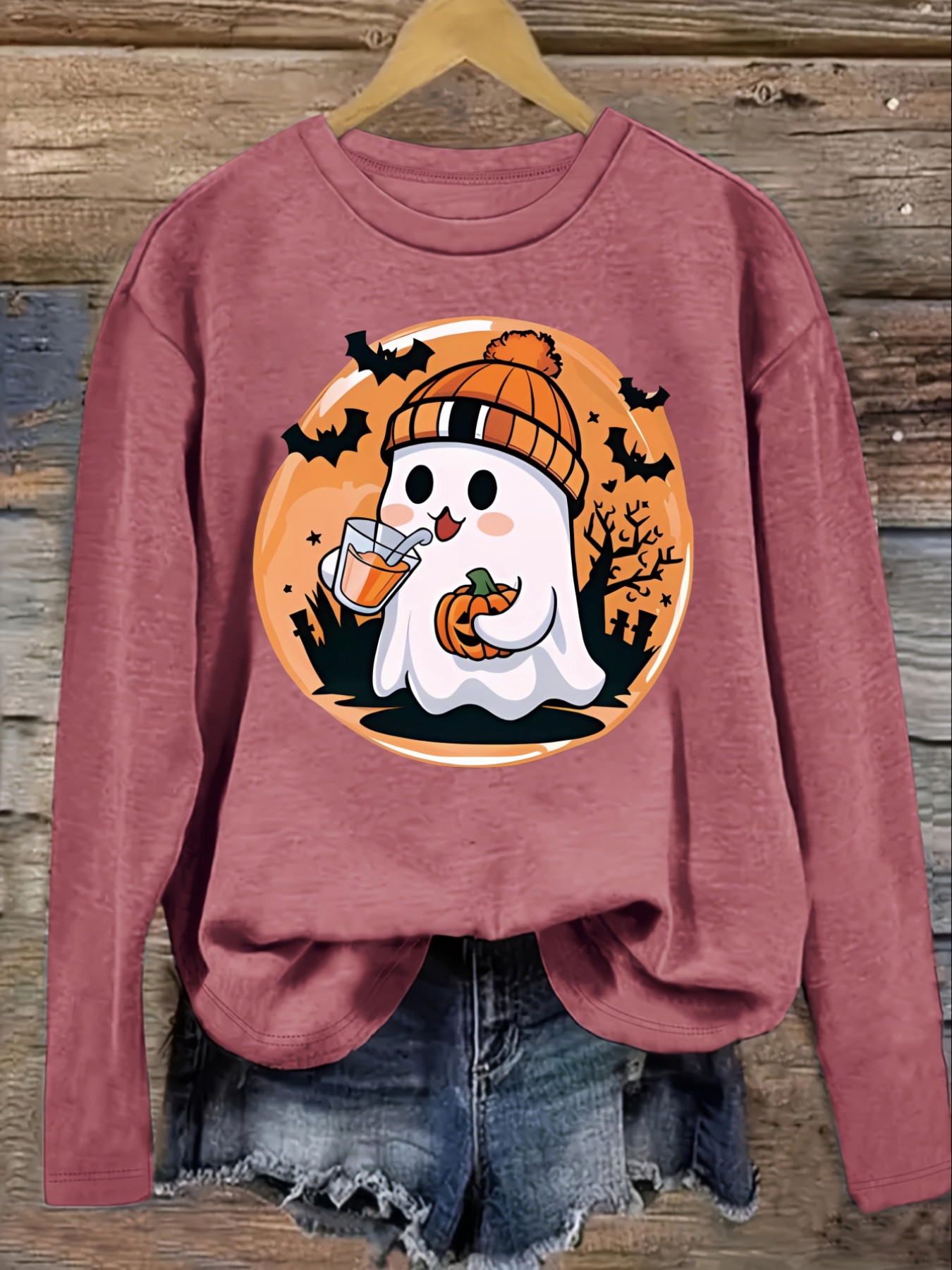 レディースカジュアル長袖クルーネックTシャツ、かわいいゴース - Costumes のレビューと価格