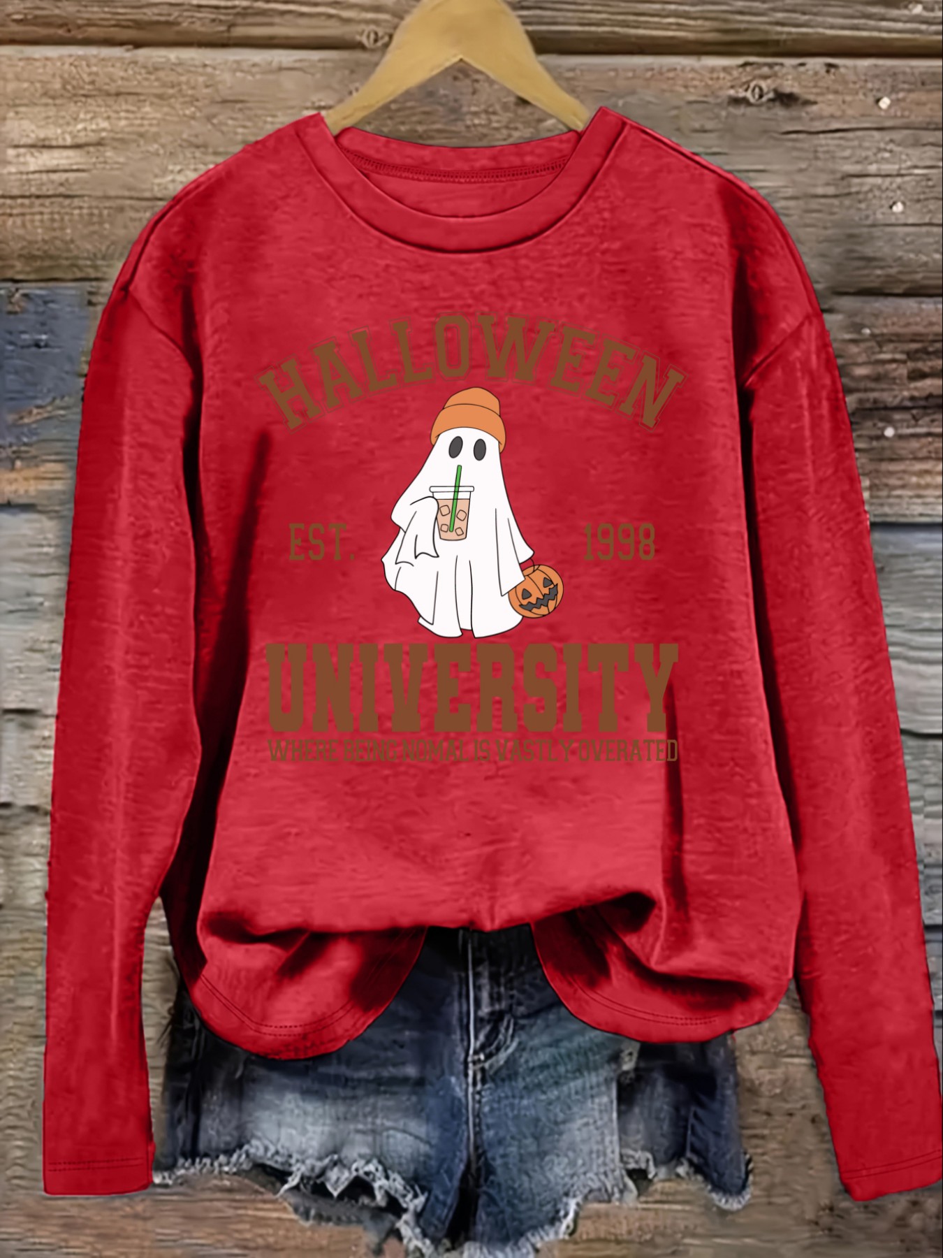 レディースカジュアル長袖クルーネックTシャツ、ハロウィン大学 - Costumes のレビューと価格